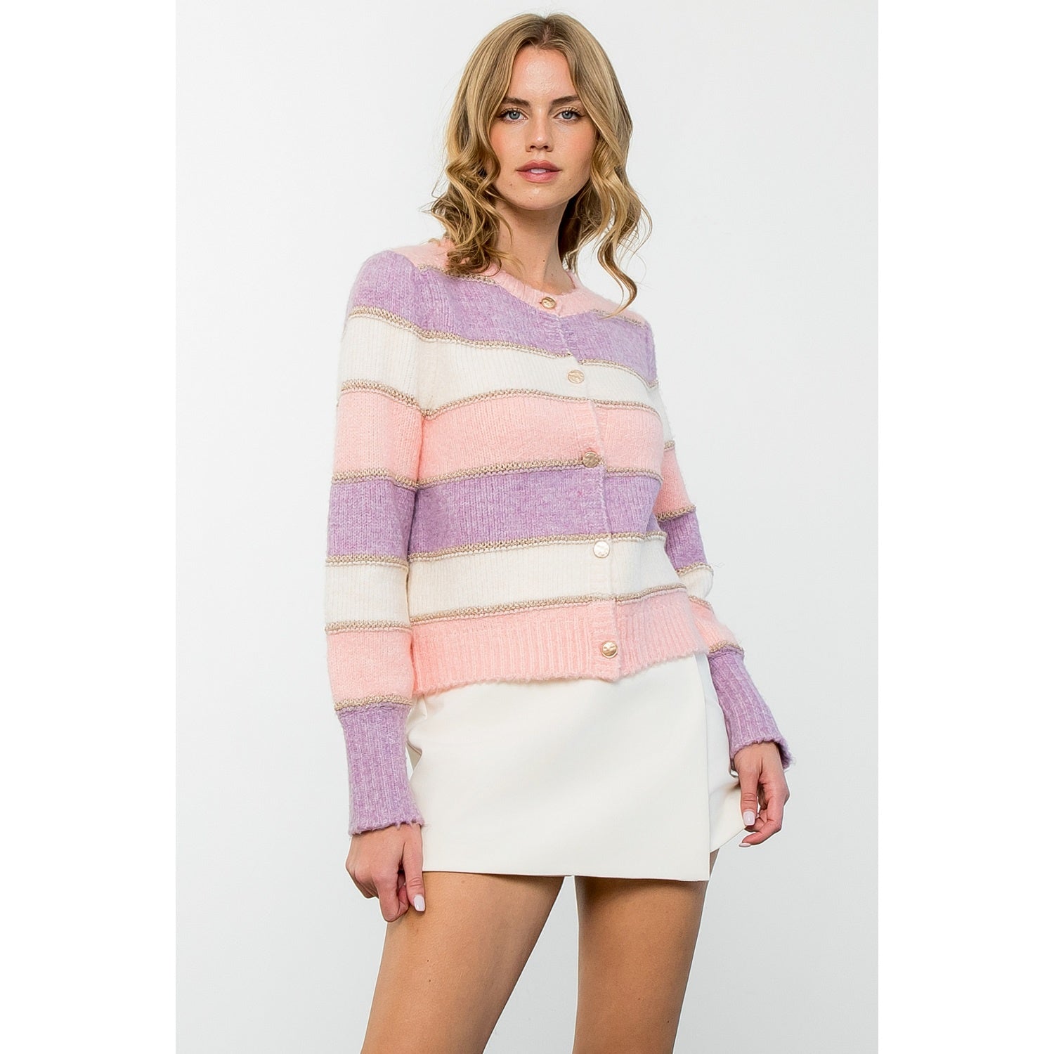 Colorblock Knit Button up Cardigan - Pink