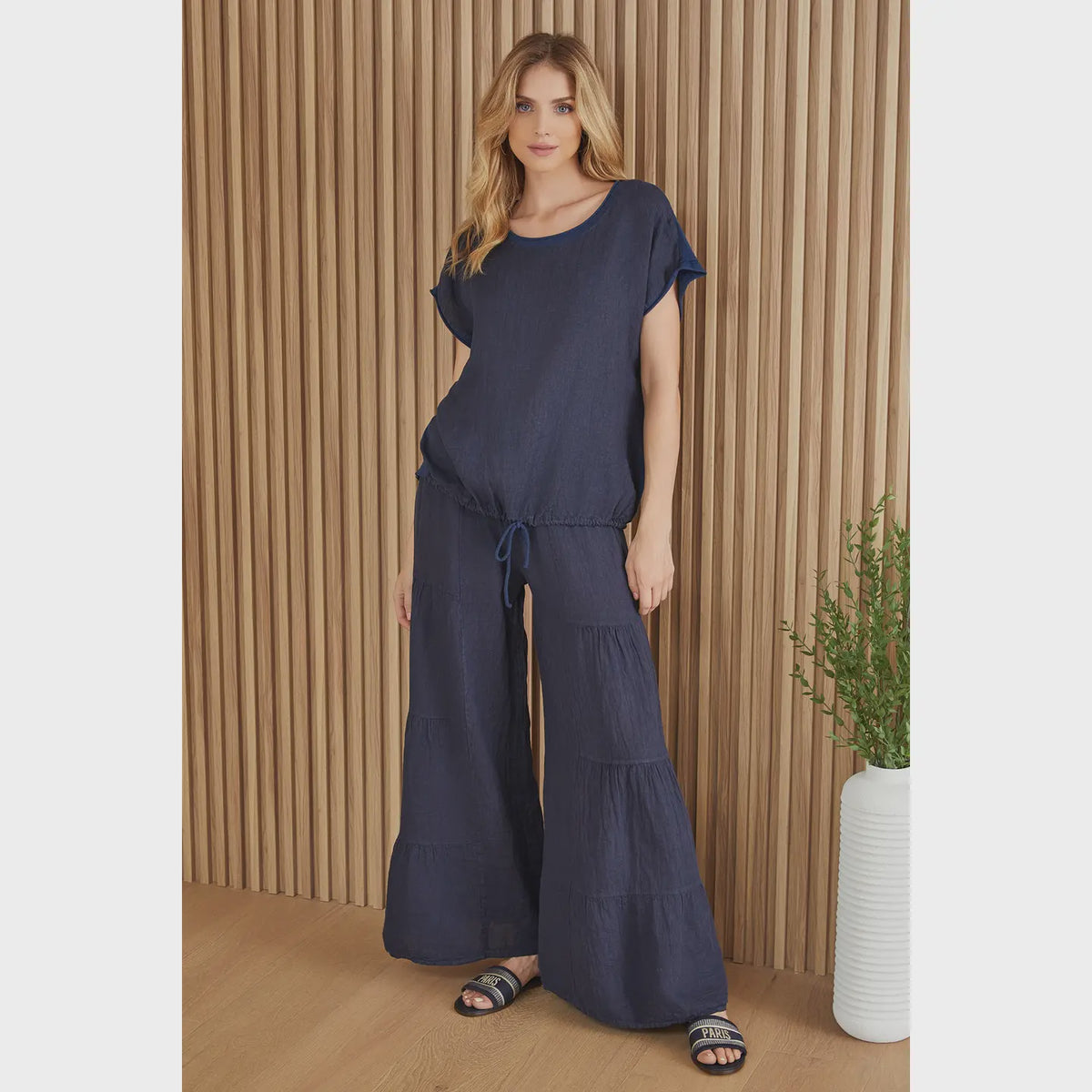 Linen Tiered Palazzo Pant - Navy