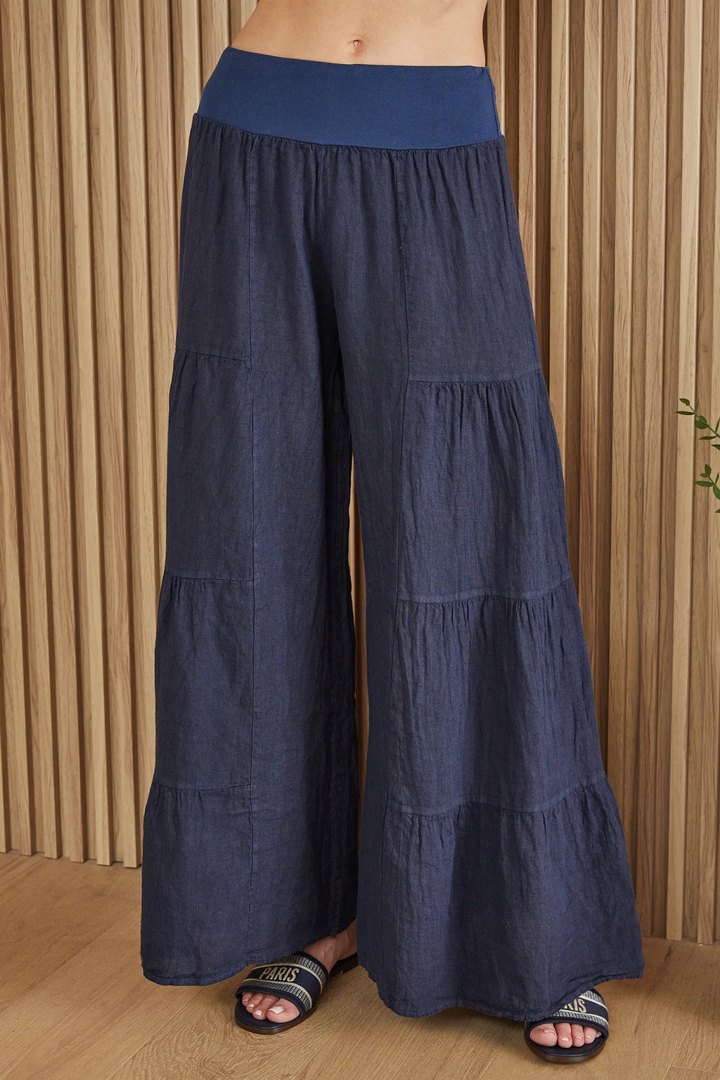 Linen Tiered Palazzo Pant in Navy