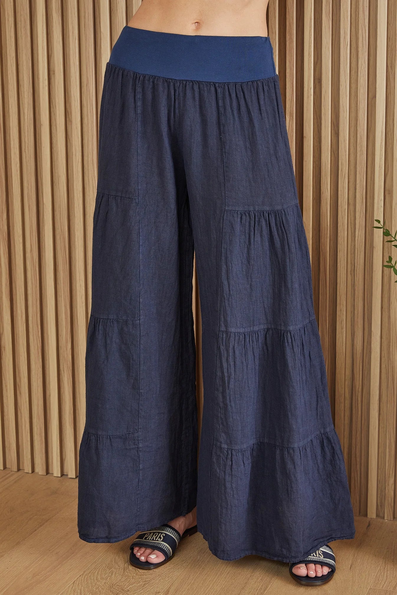 Linen Tiered Palazzo Pant in Navy