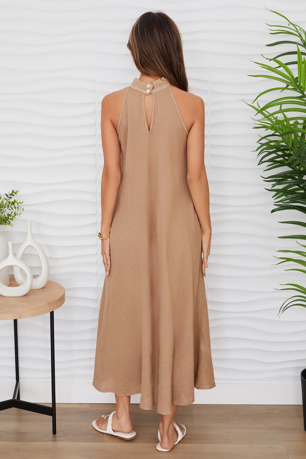 Linen Mock Neck Maxi Dress in Camel