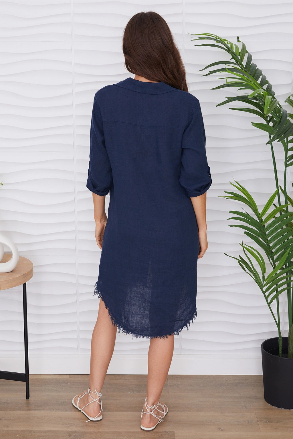 Linen Button Down Dress Navy Blue