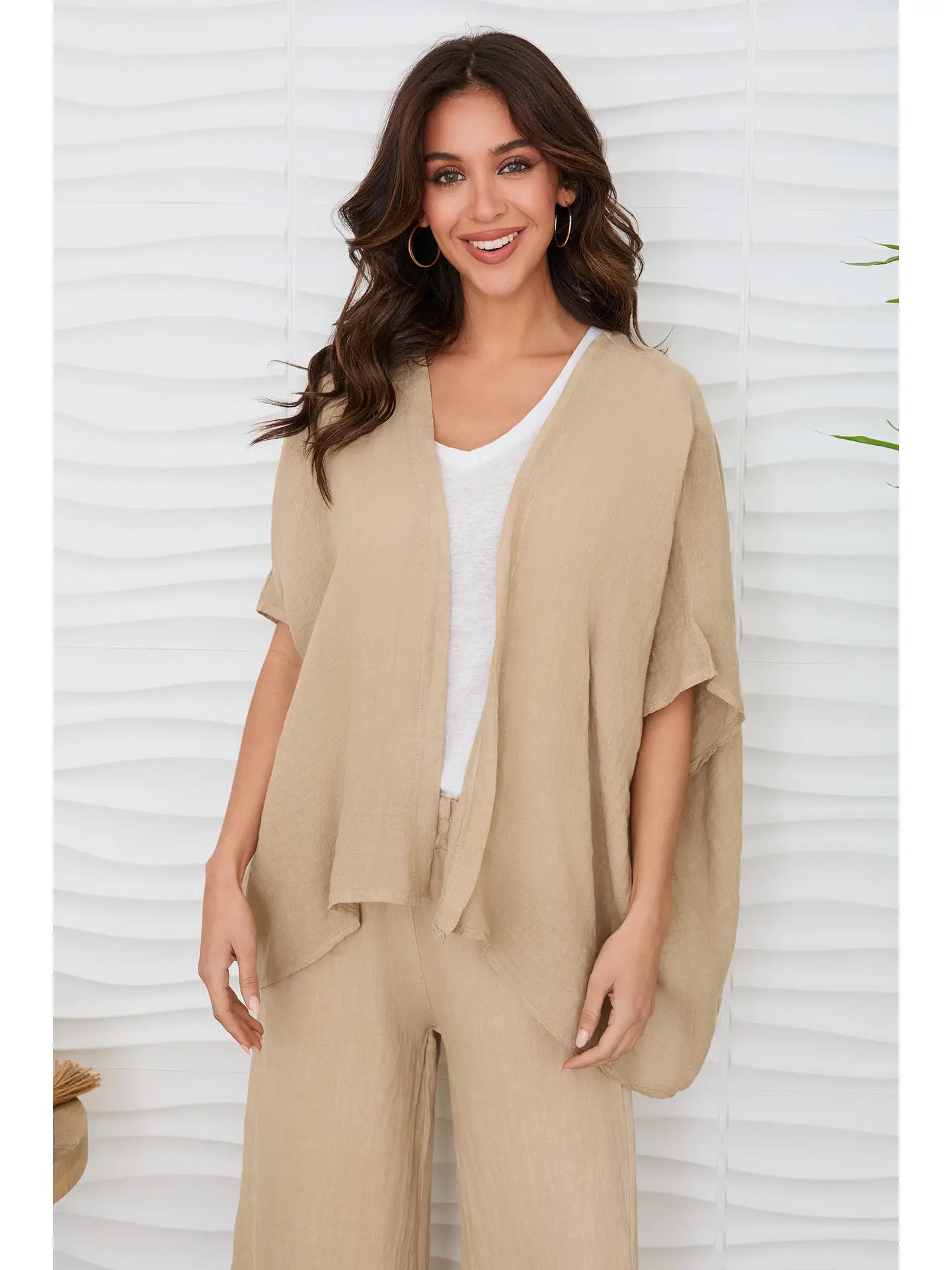 Open Kimono Cardigan Top Earth Beige