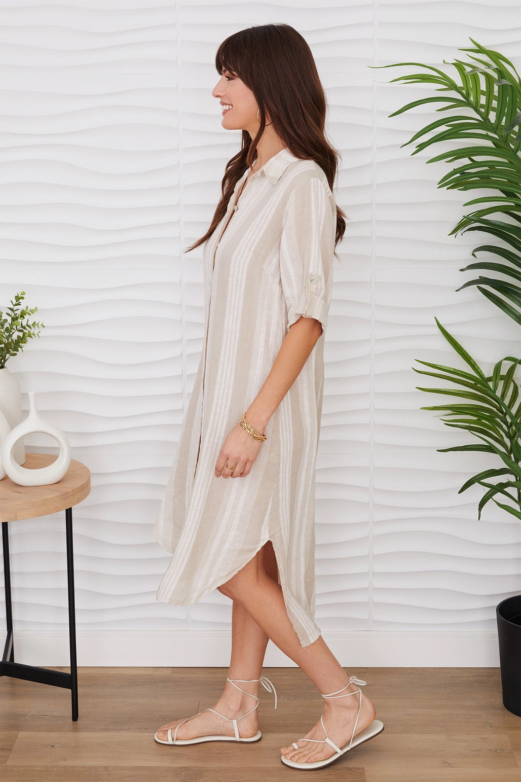Striped Tunic Dress Beige/White
