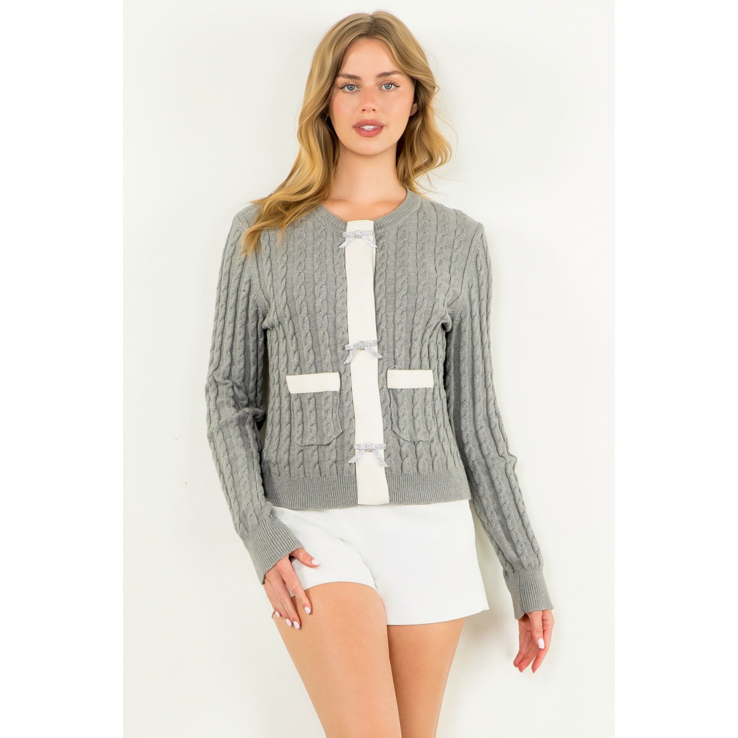 Cable Knit Bow Cardigan - Gray