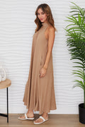 Linen Mock Neck Maxi Dress in Camel