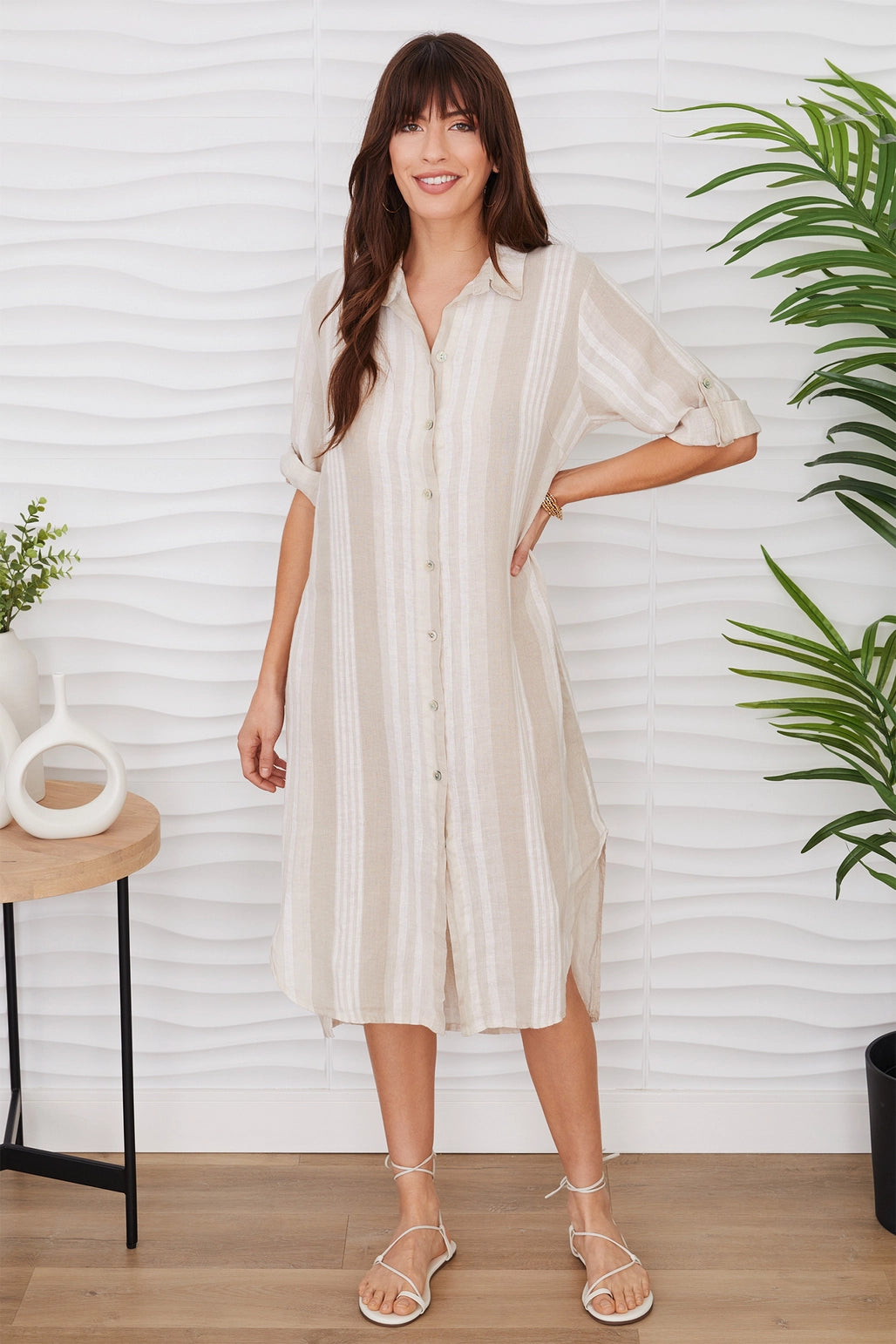 Striped Tunic Dress Beige/White