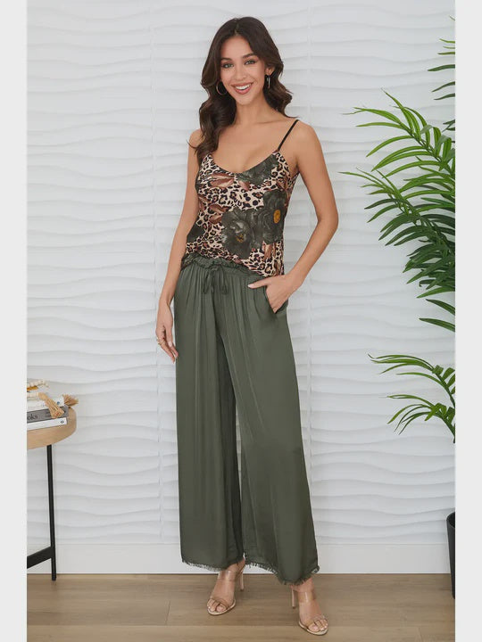 Viscose Distressed Hem Palazzo Pant - Army Green