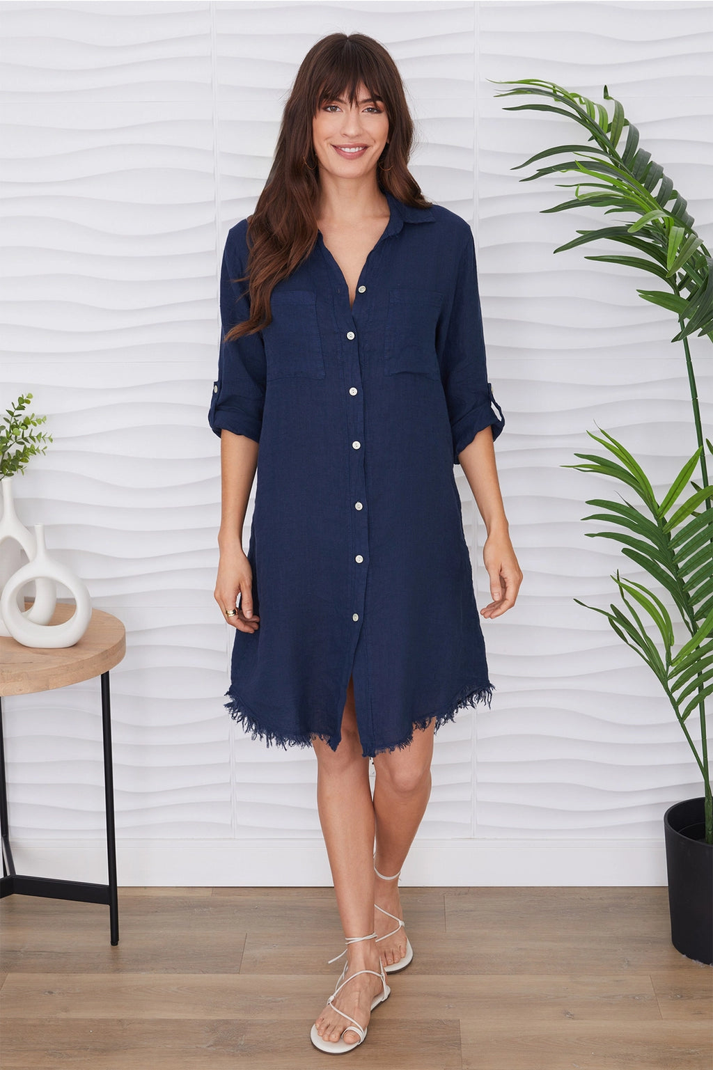 Linen Button Down Dress Navy Blue