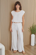 Linen Pants with Side Panel - White