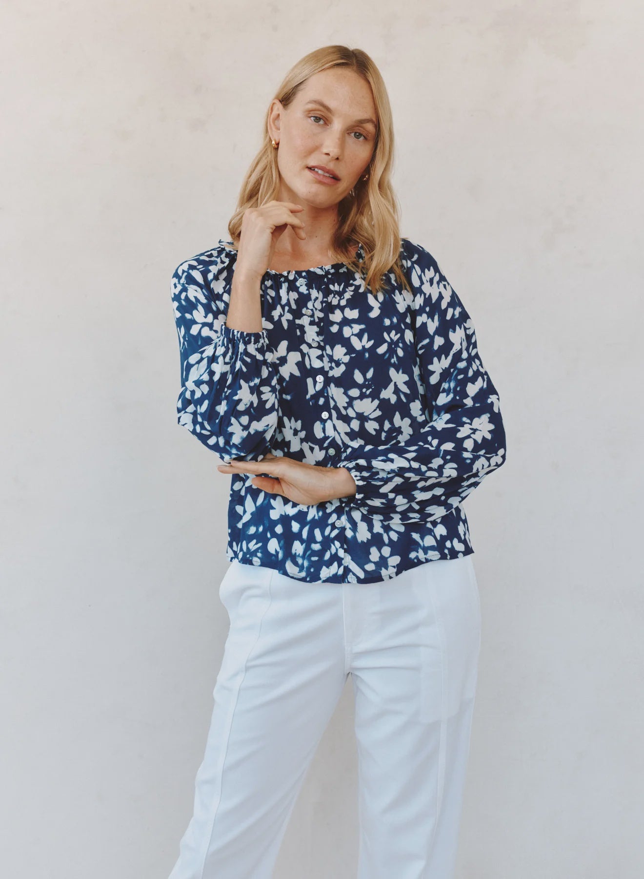 Ruffle Neck Button Down Indigo Bloom