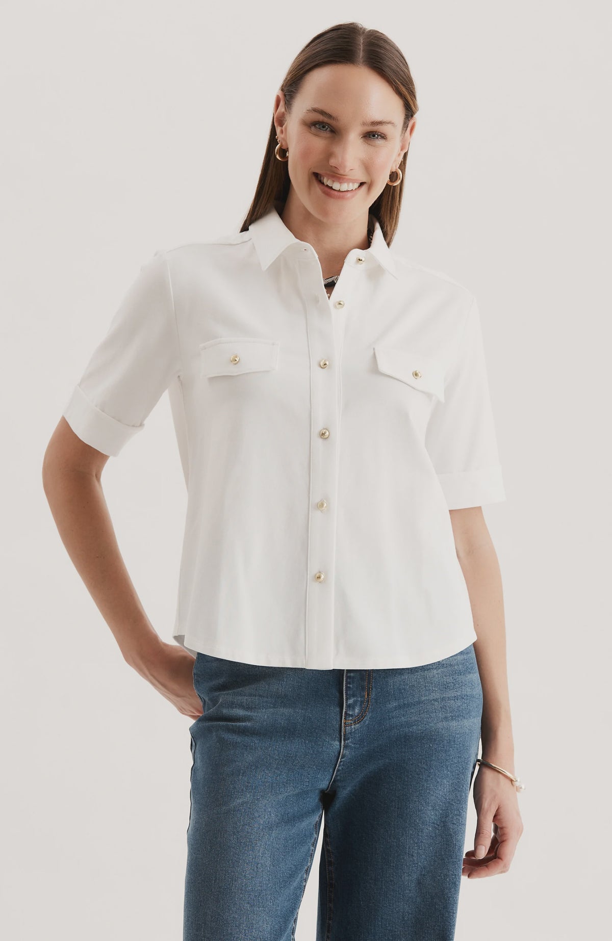 Classic Gold Button Club Shirt - White