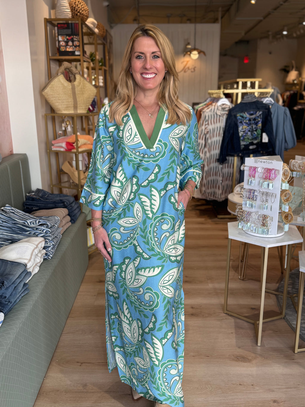 Trimmed Maxi Dress Green Paisley