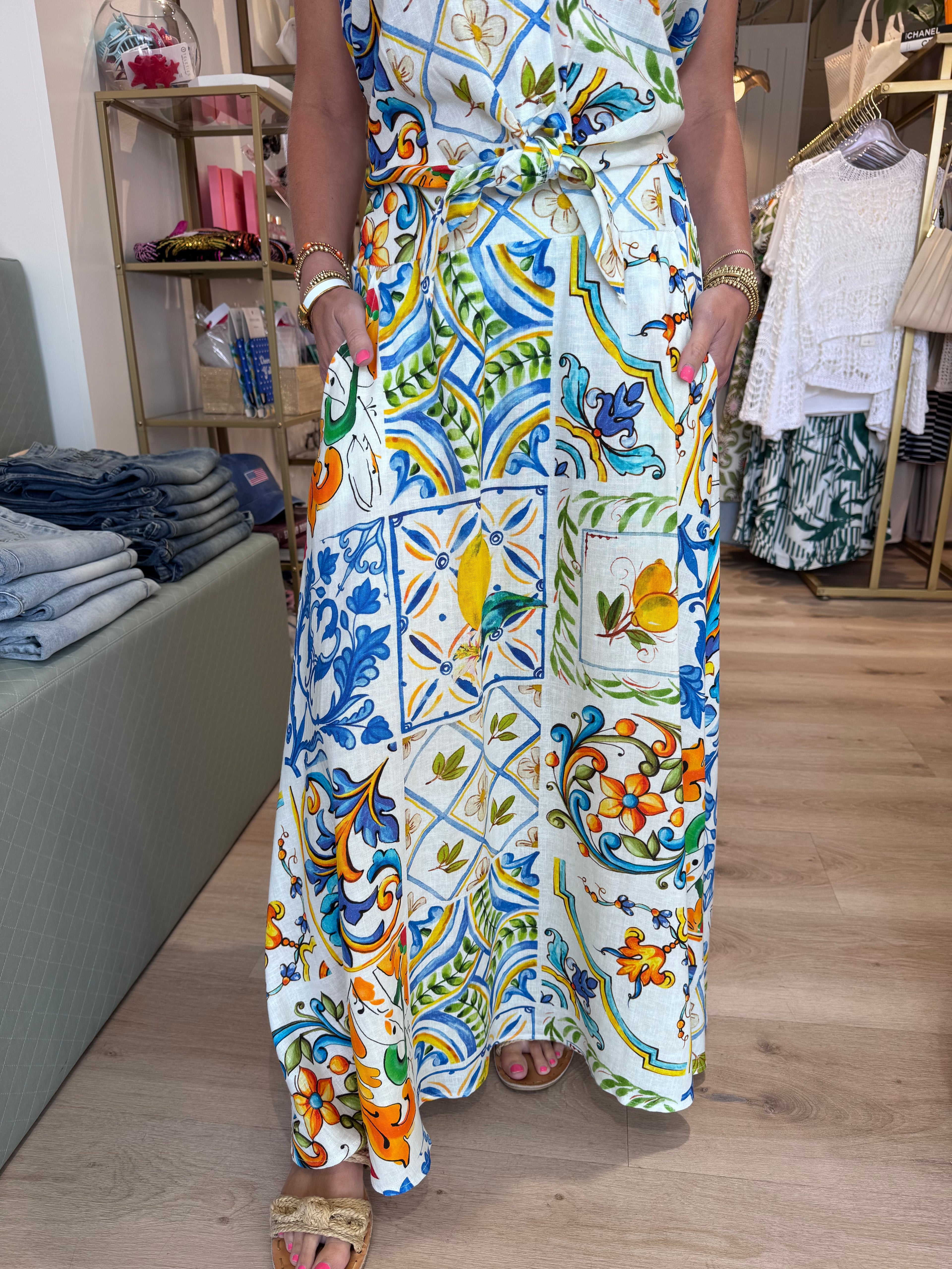 Floral Tile Print Midi Skirt