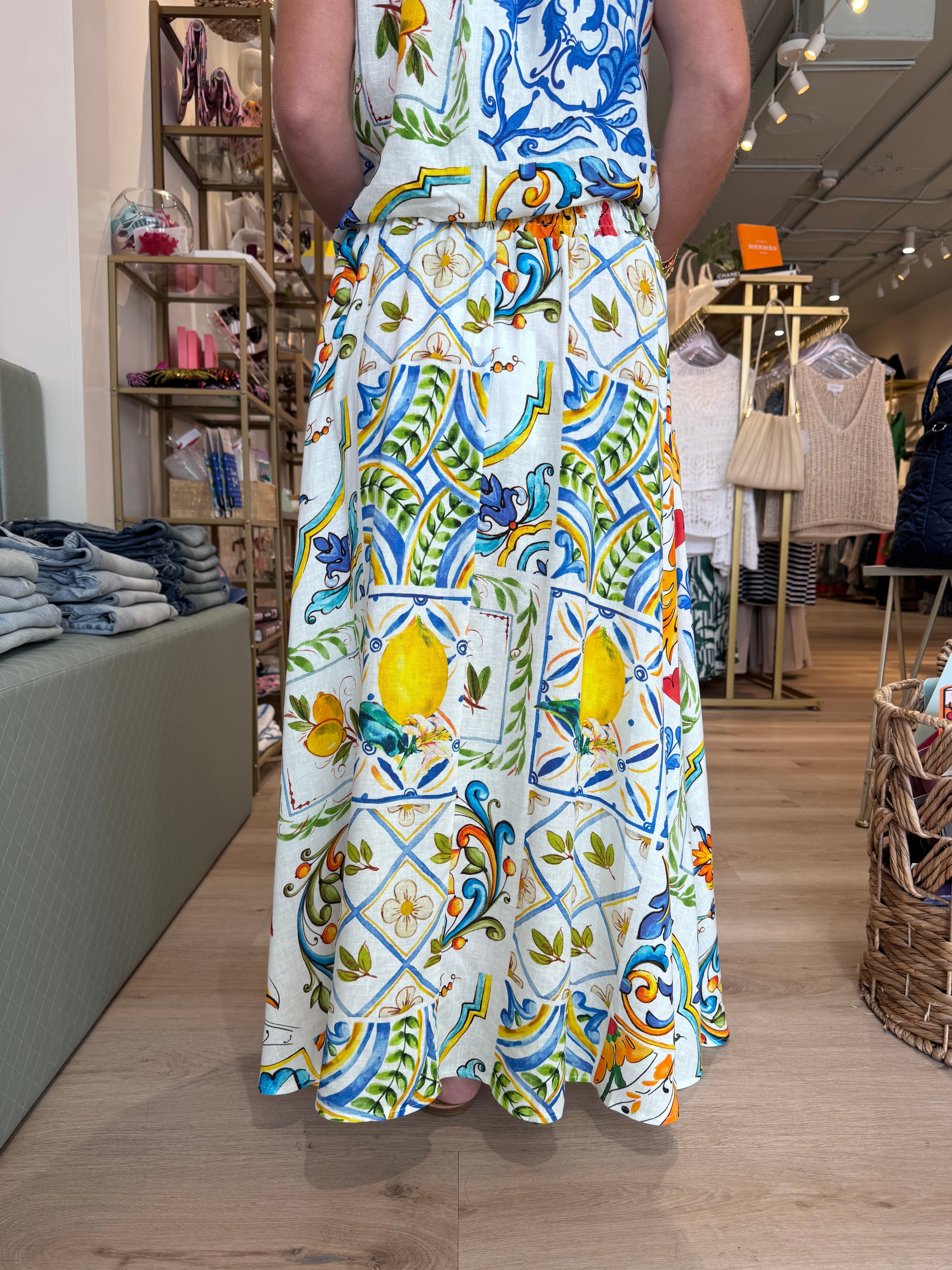 Floral Tile Print Midi Skirt