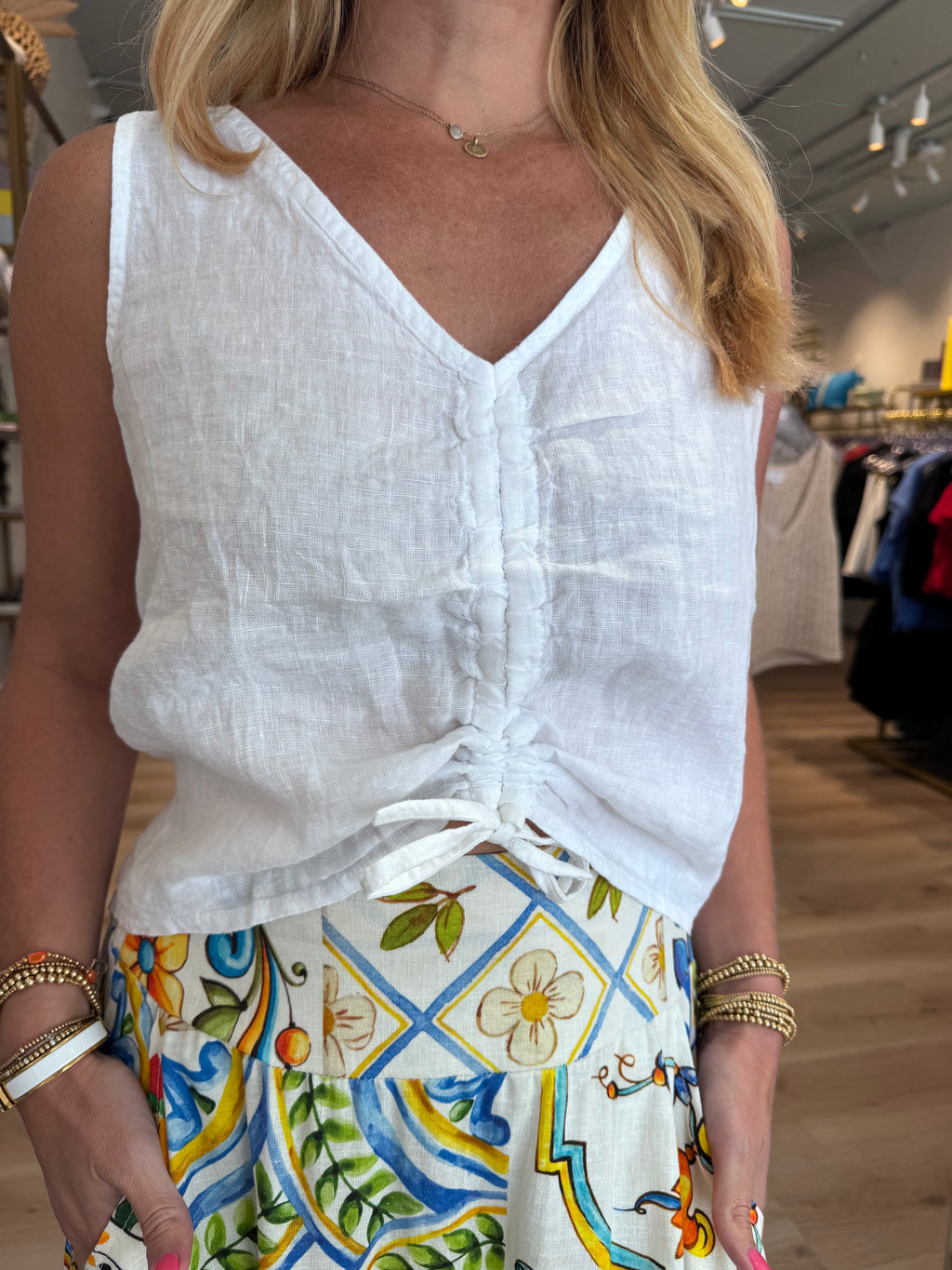 V-Neck Front Rouched Top in White