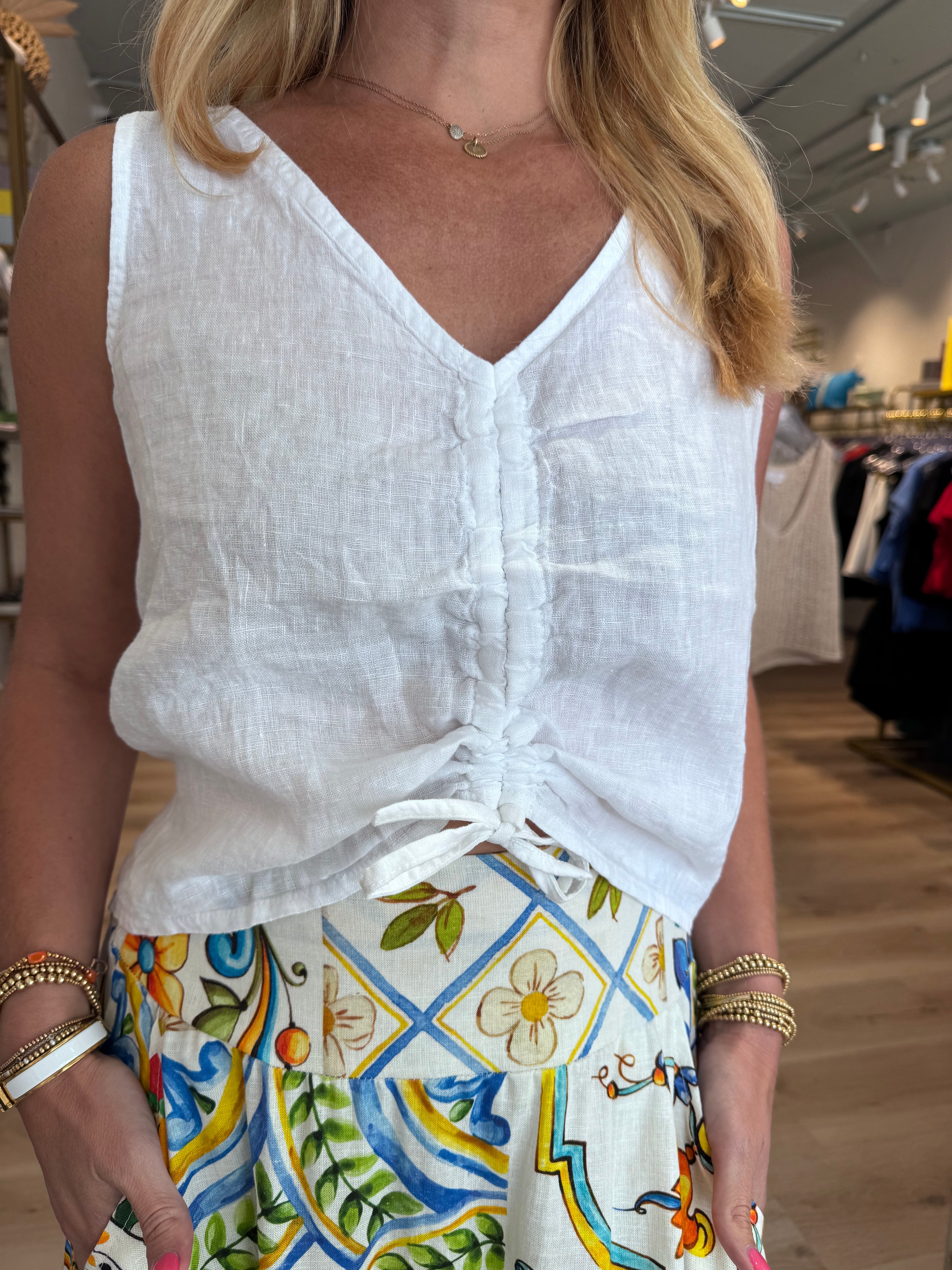 V-Neck Front Rouched Top in White