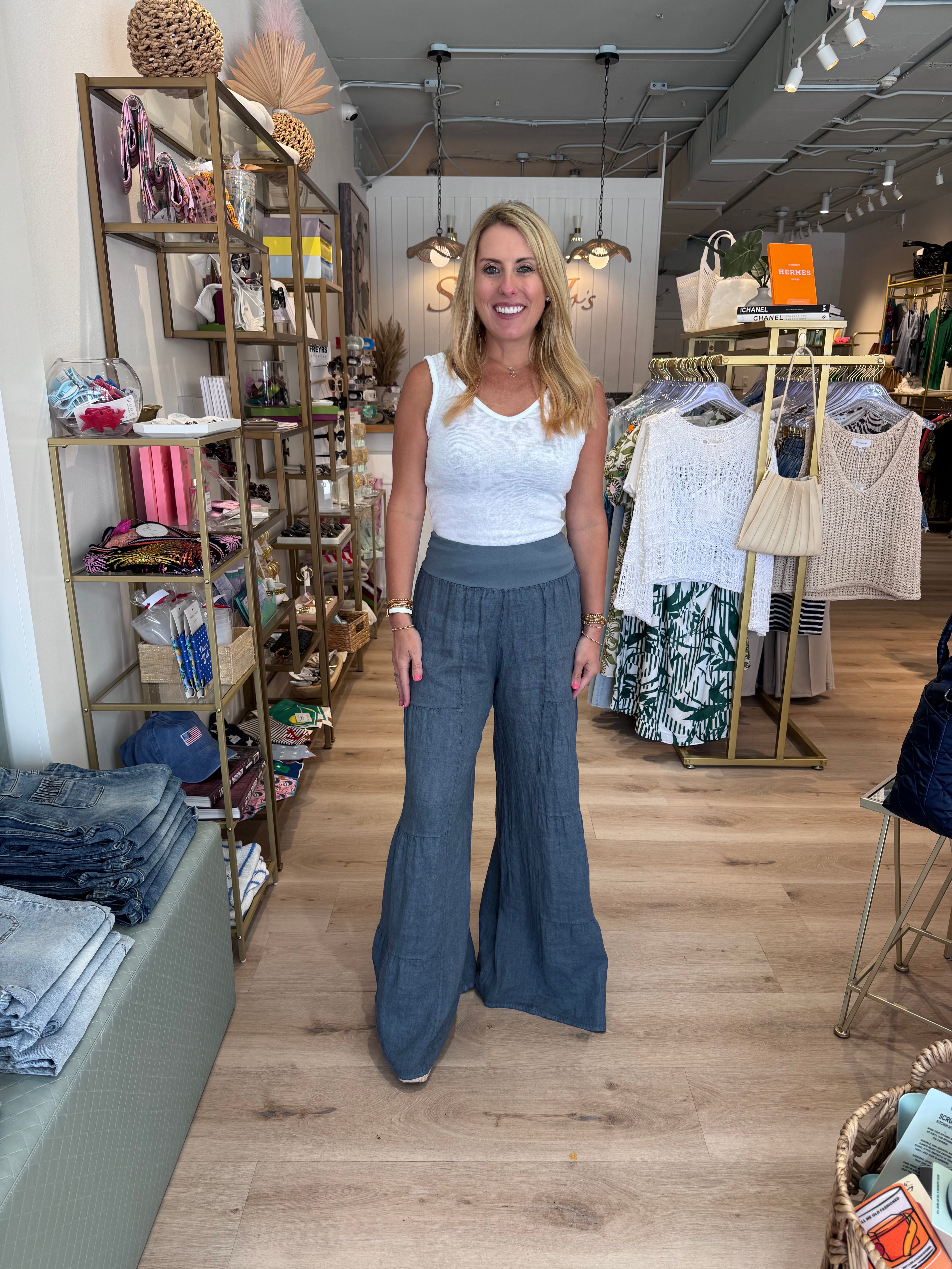 Linen Tiered Palazzo Pant in Slate Blue