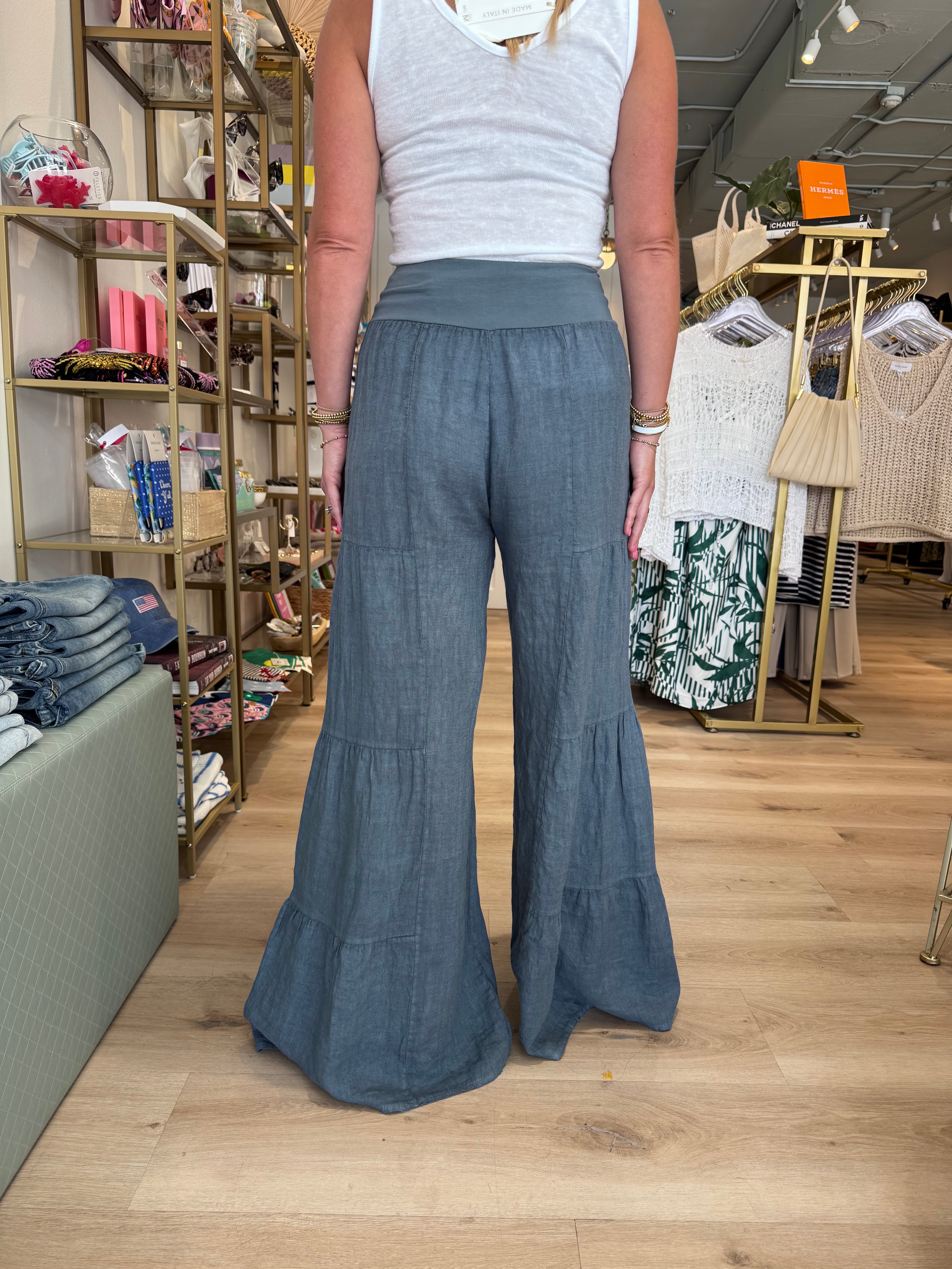 Linen Tiered Palazzo Pant in Slate Blue