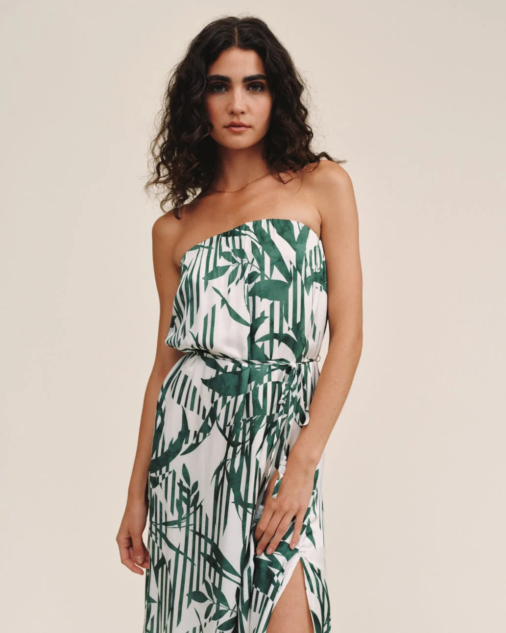 Flowy Strapless Midi Dress - Palm Paradise