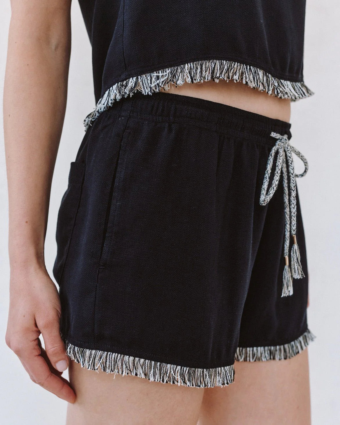Elastic Wait Fringe Short - Black
