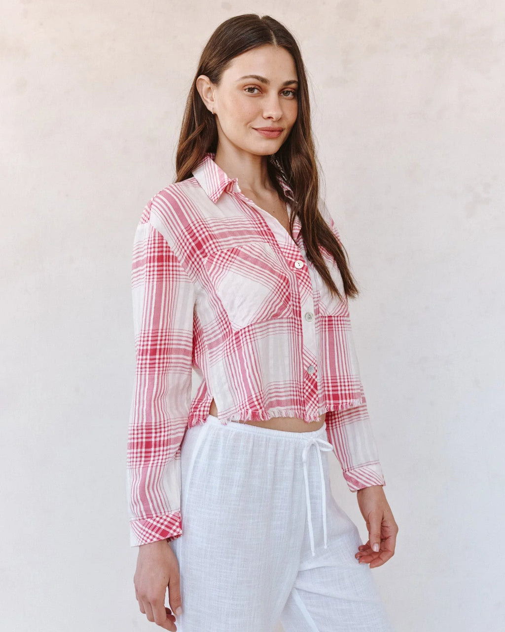 Two Pocket Fray Hem Shirt - Pink Sunset