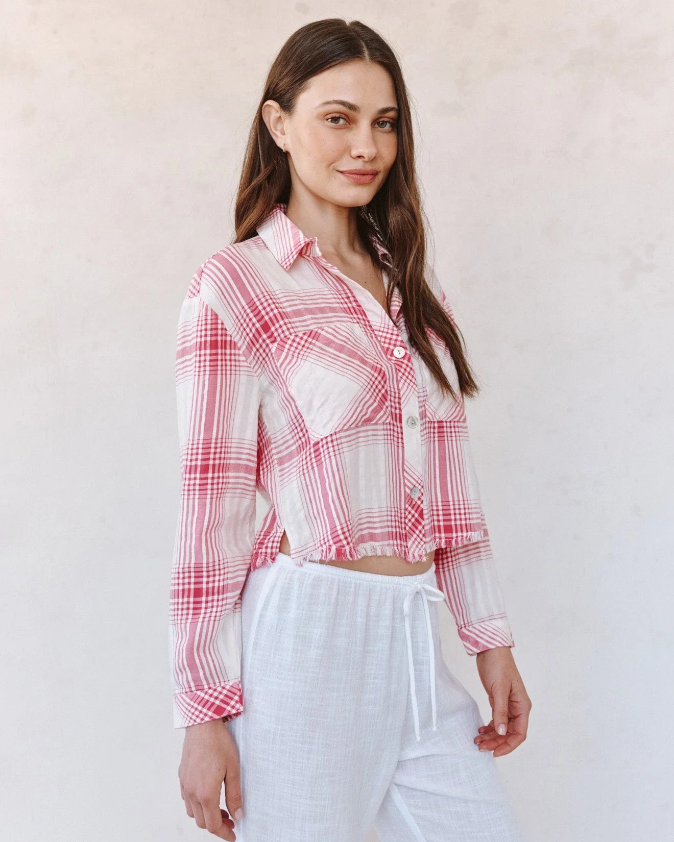 Two Pocket Fray Hem Shirt - Pink Sunset