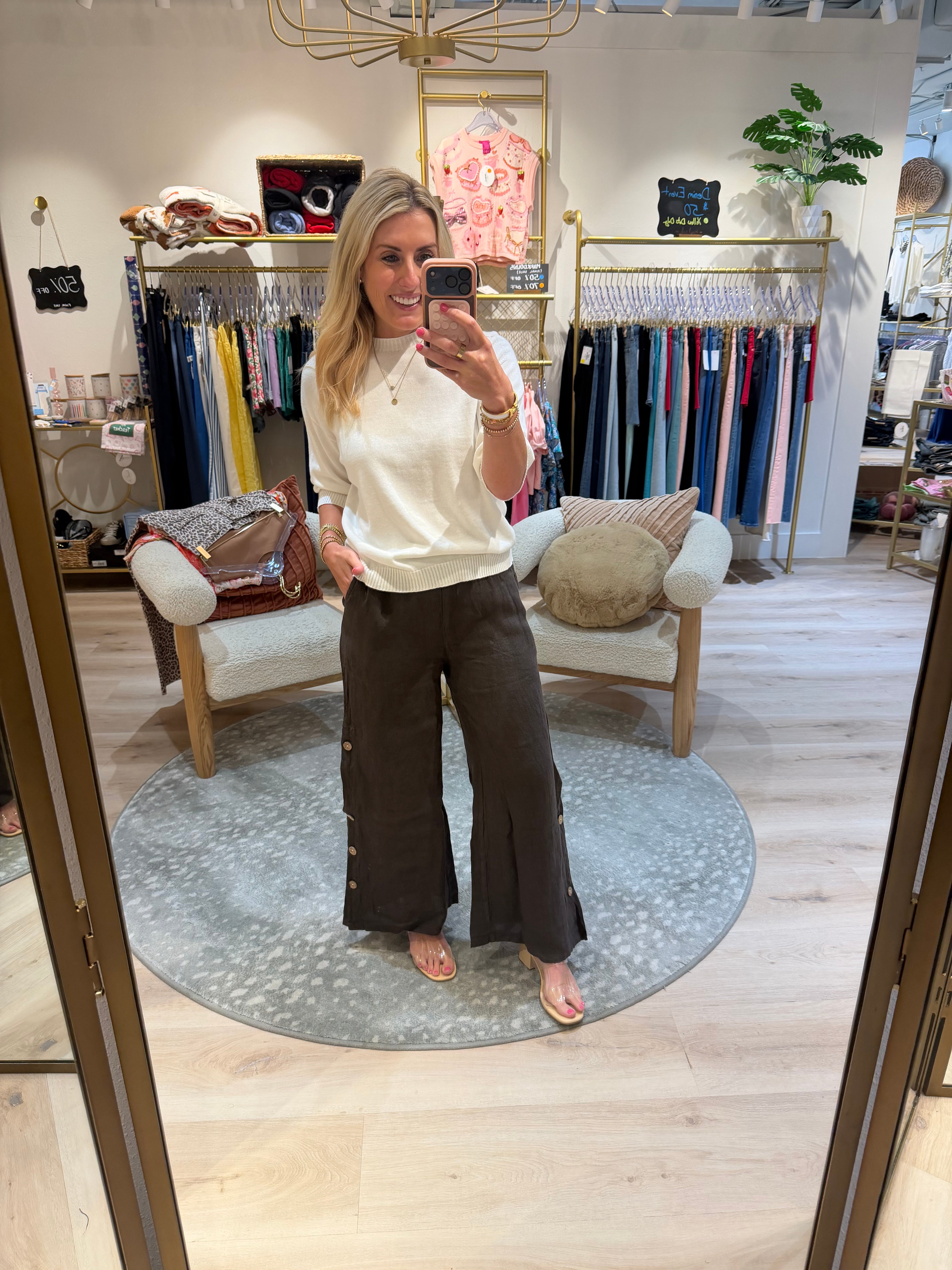 Wide Leg Side Button Linen Pants