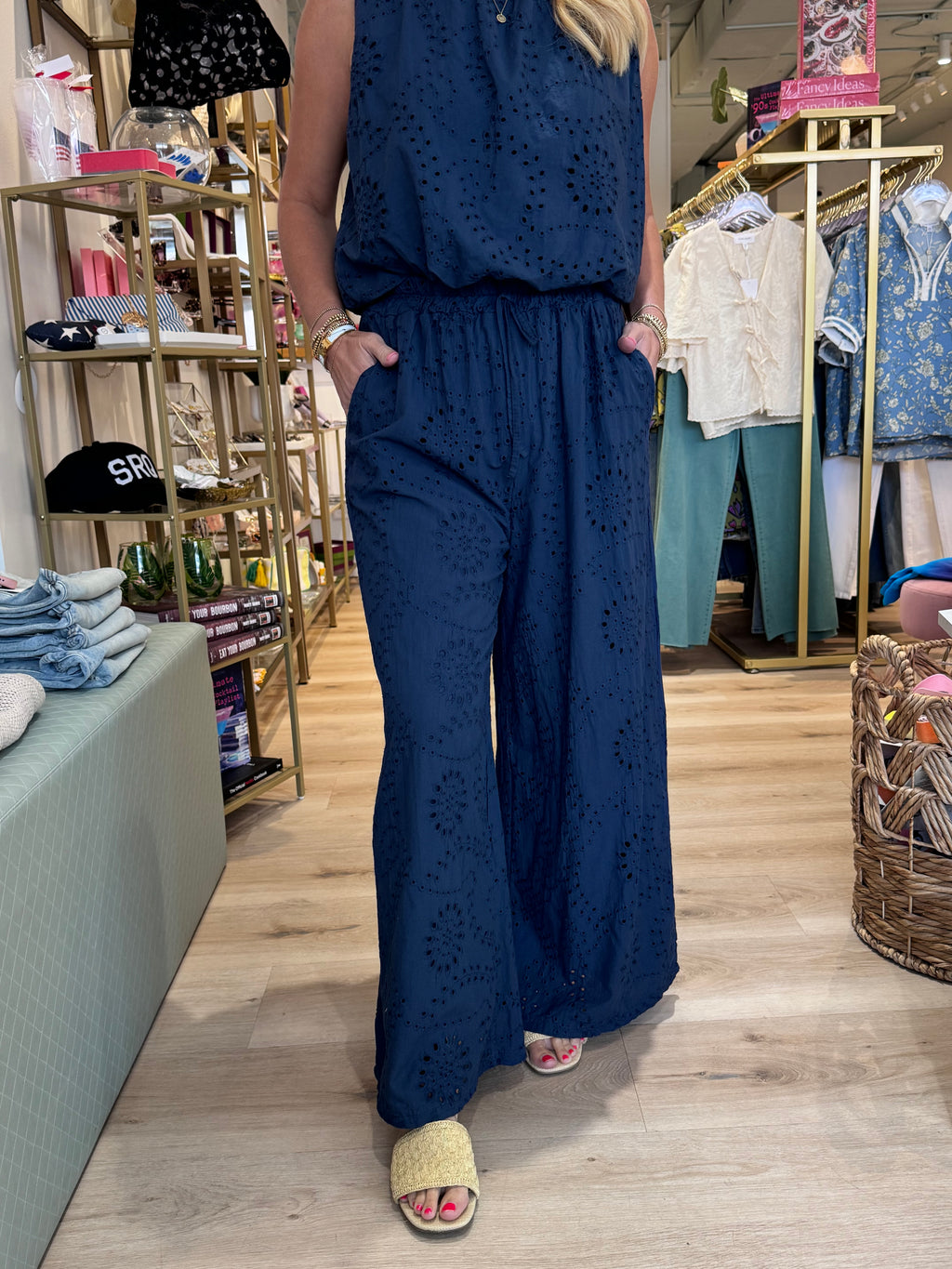 Wide Leg Eyelet Pants in Navy
