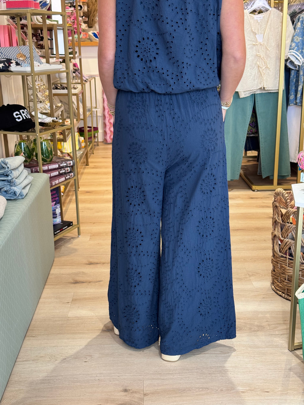 Wide Leg Eyelet Pants in Navy