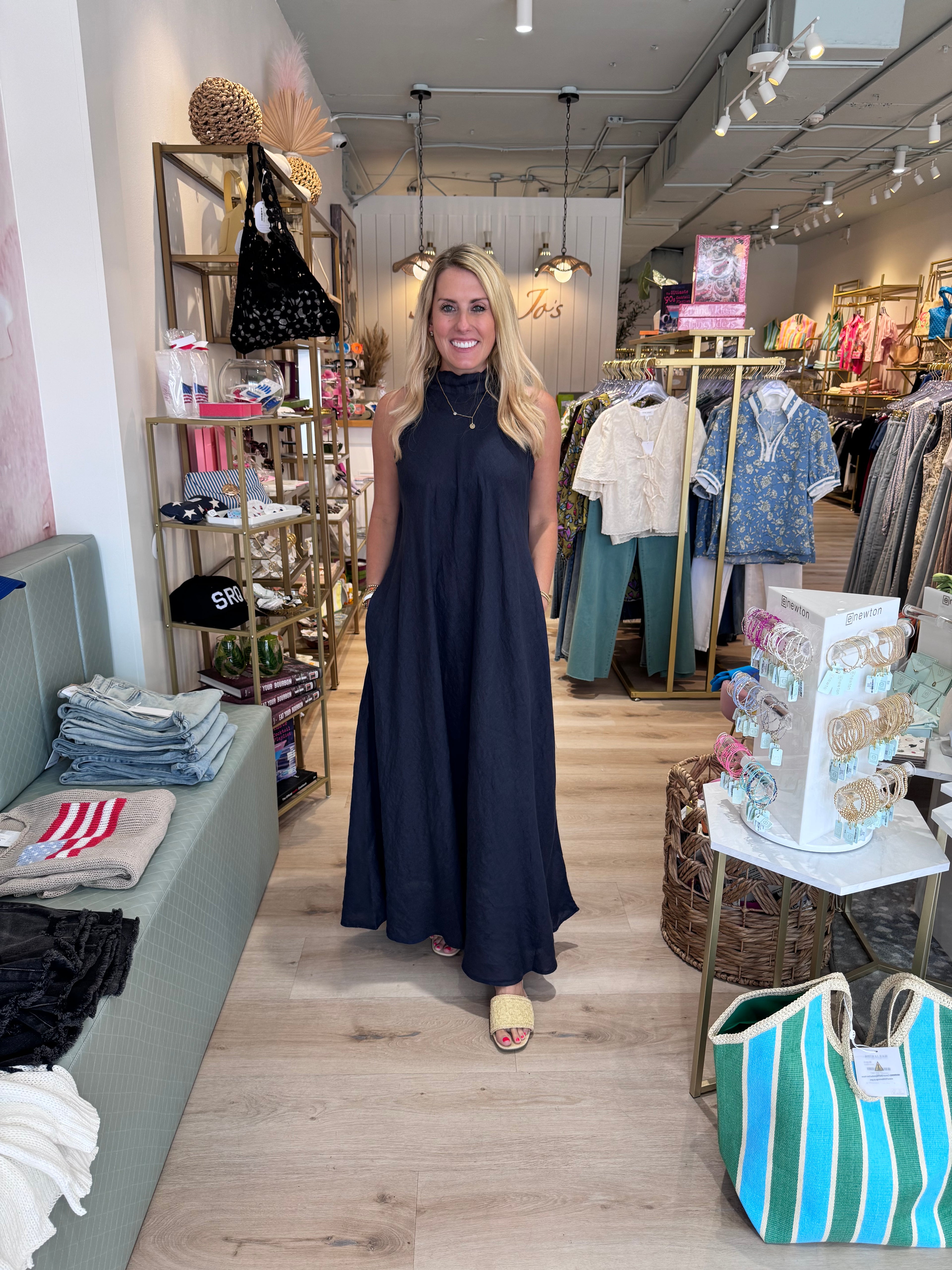 Linen Mock Neck Maxi Dress Navy