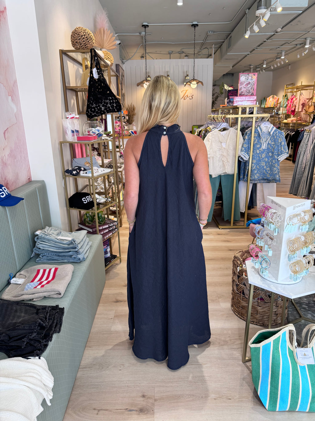 Linen Mock Neck Maxi Dress Navy