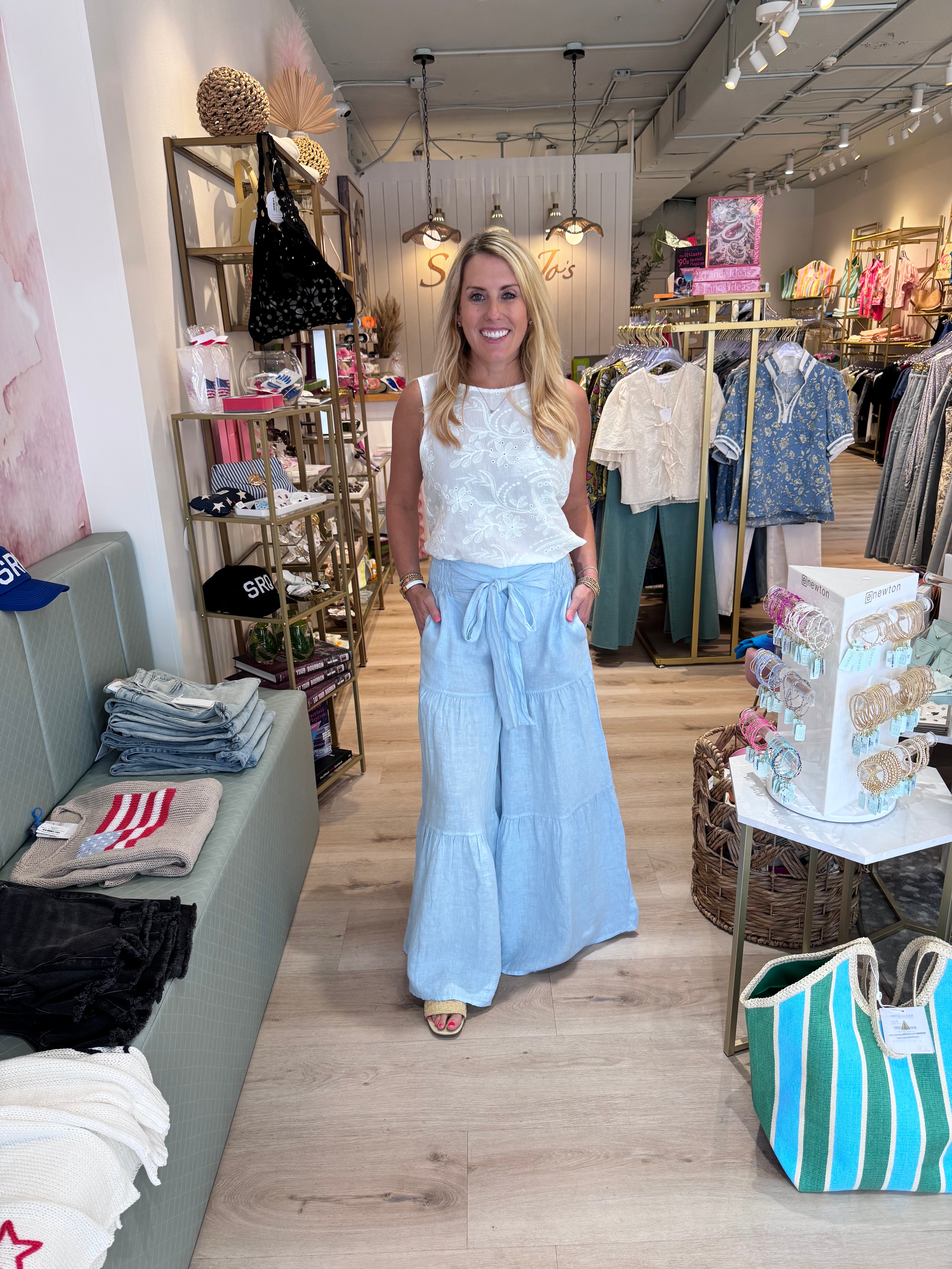 Bow Tie Linen Palazzo Pant Sky Blue