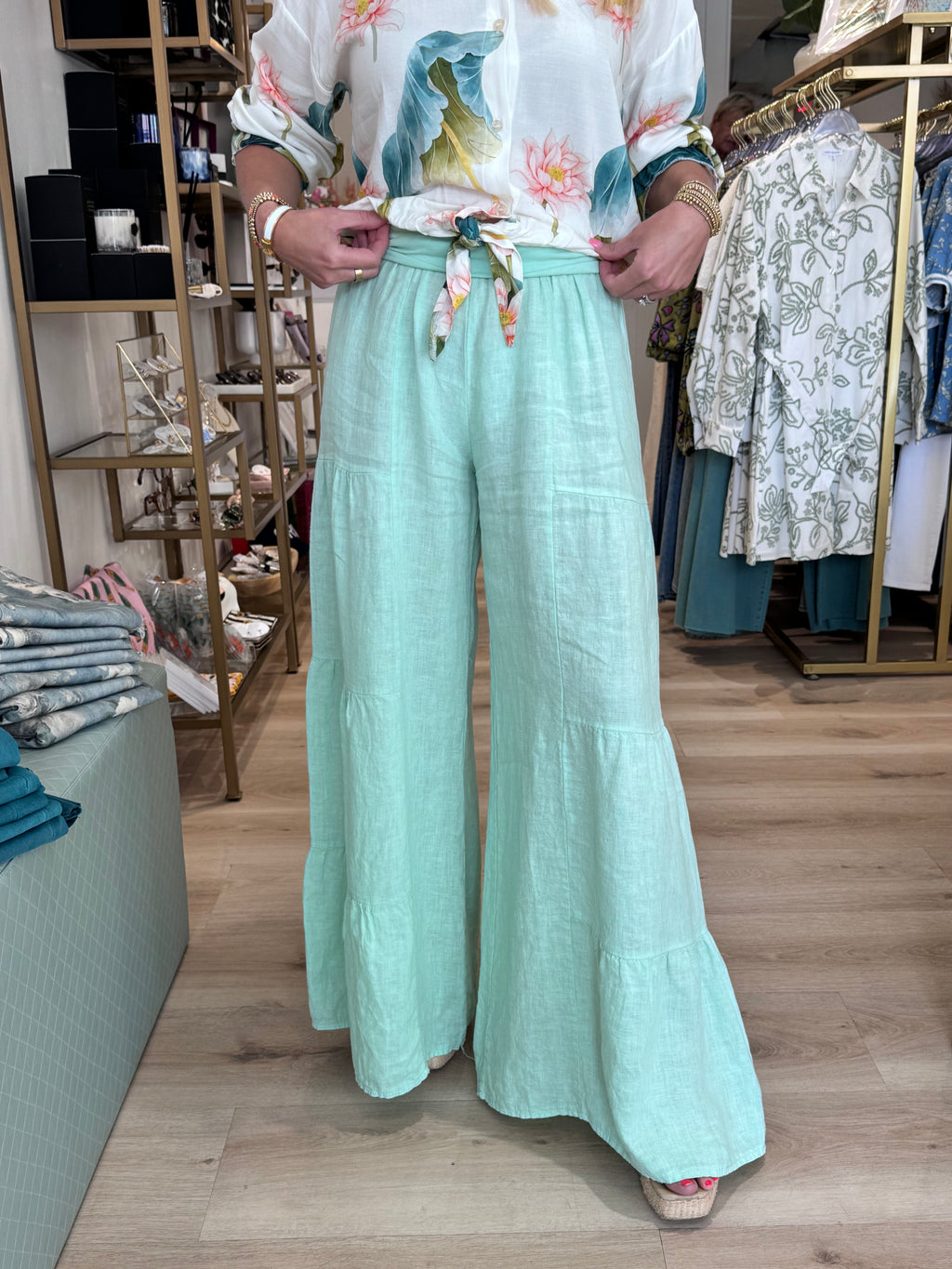 Linen Tiered Palazzo Pant Mint Green