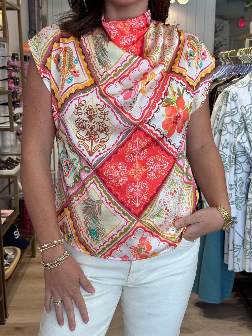 Silky Cowl Neck Floral Top
