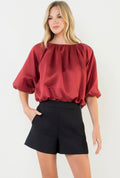 Balloon Sleeve Satin Boatneck Top in Burgundy