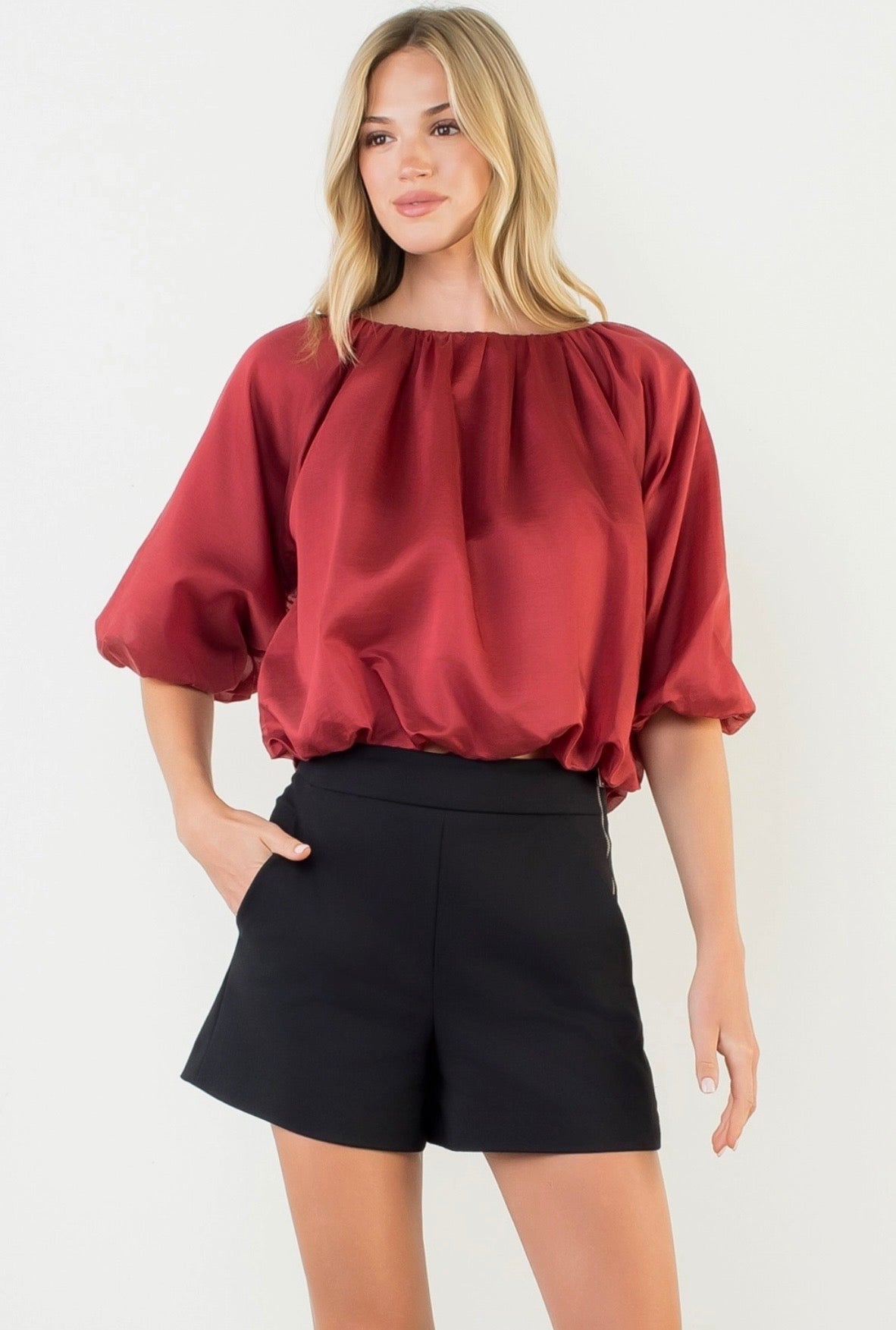Balloon Sleeve Satin Boatneck Top in Burgundy