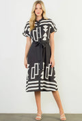 Short Sleeve Print Button Up Dress in Black