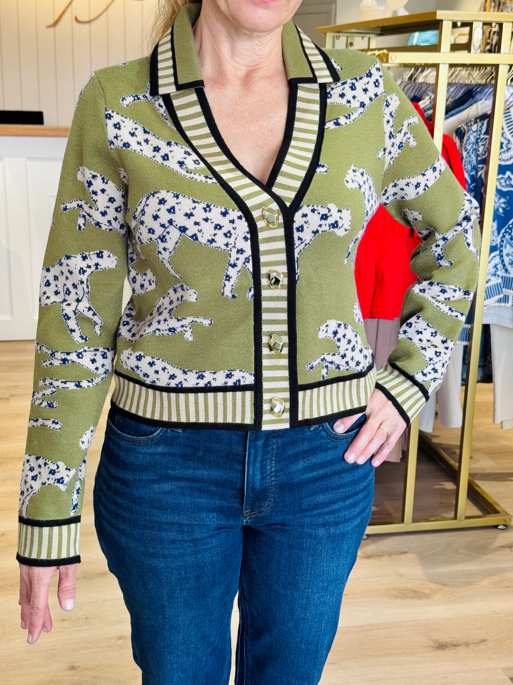 THML Cheetah V Neck Cardigan