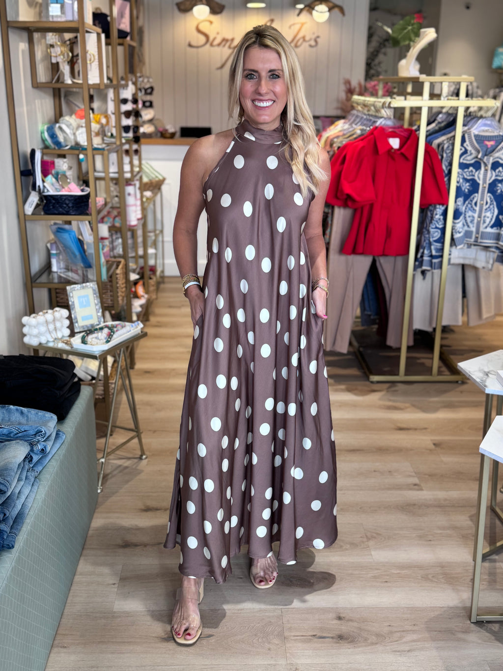 Milio Milano Poka Dot Mock Neck Maxi Dress Mocha/Cream