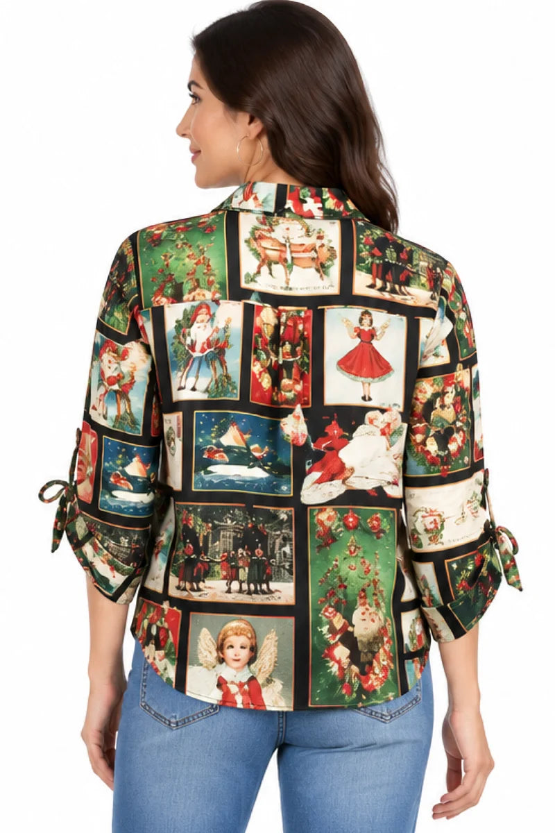John Mark Christmas Print Button Front Blouse