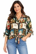 John Mark Christmas Print Button Front Blouse