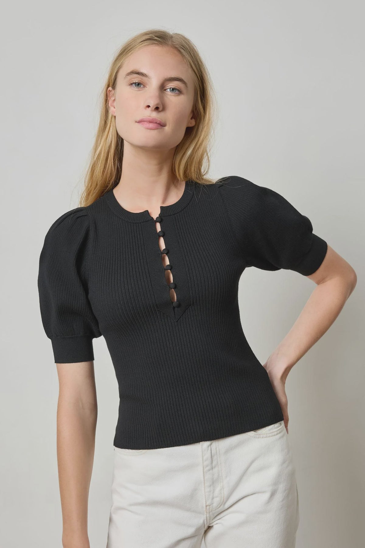 Elbow Sleeve Henley Sweater : Black