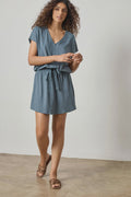 Elastic Waist V neck Dress - Dusk