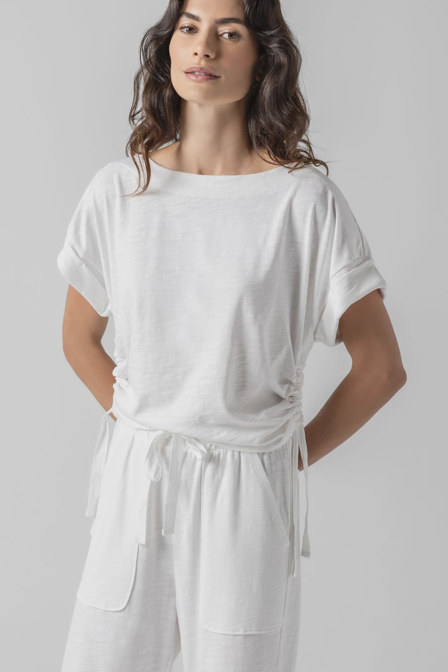 Ruched Side Boatneck : White