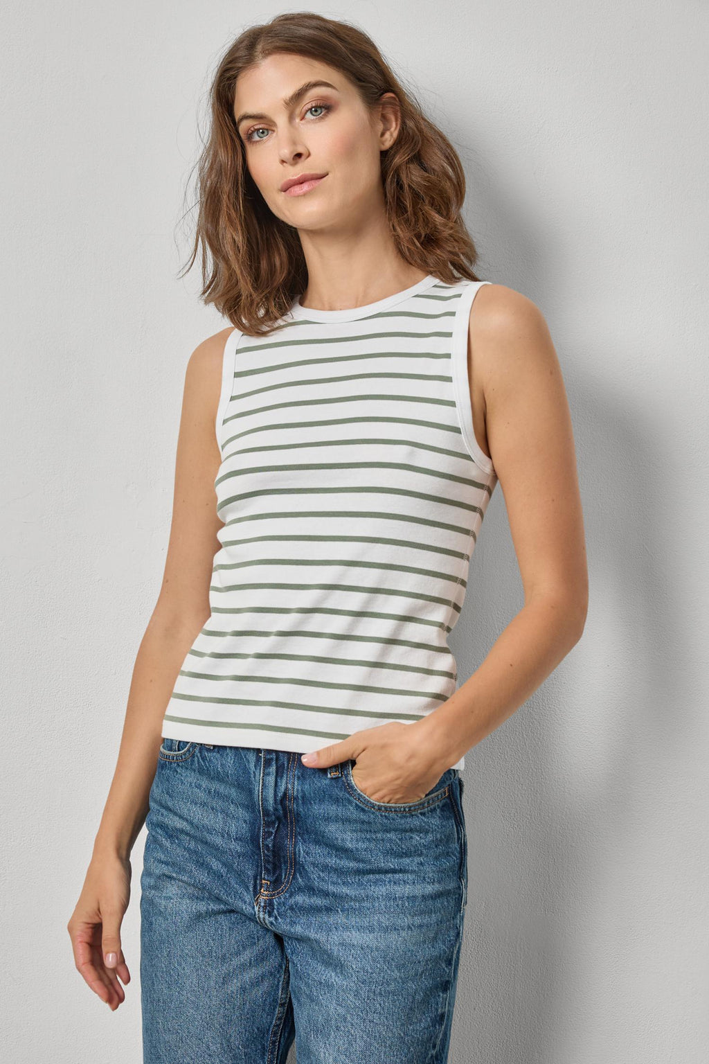Rib Stripe High Neck Tank : Sage Stripe