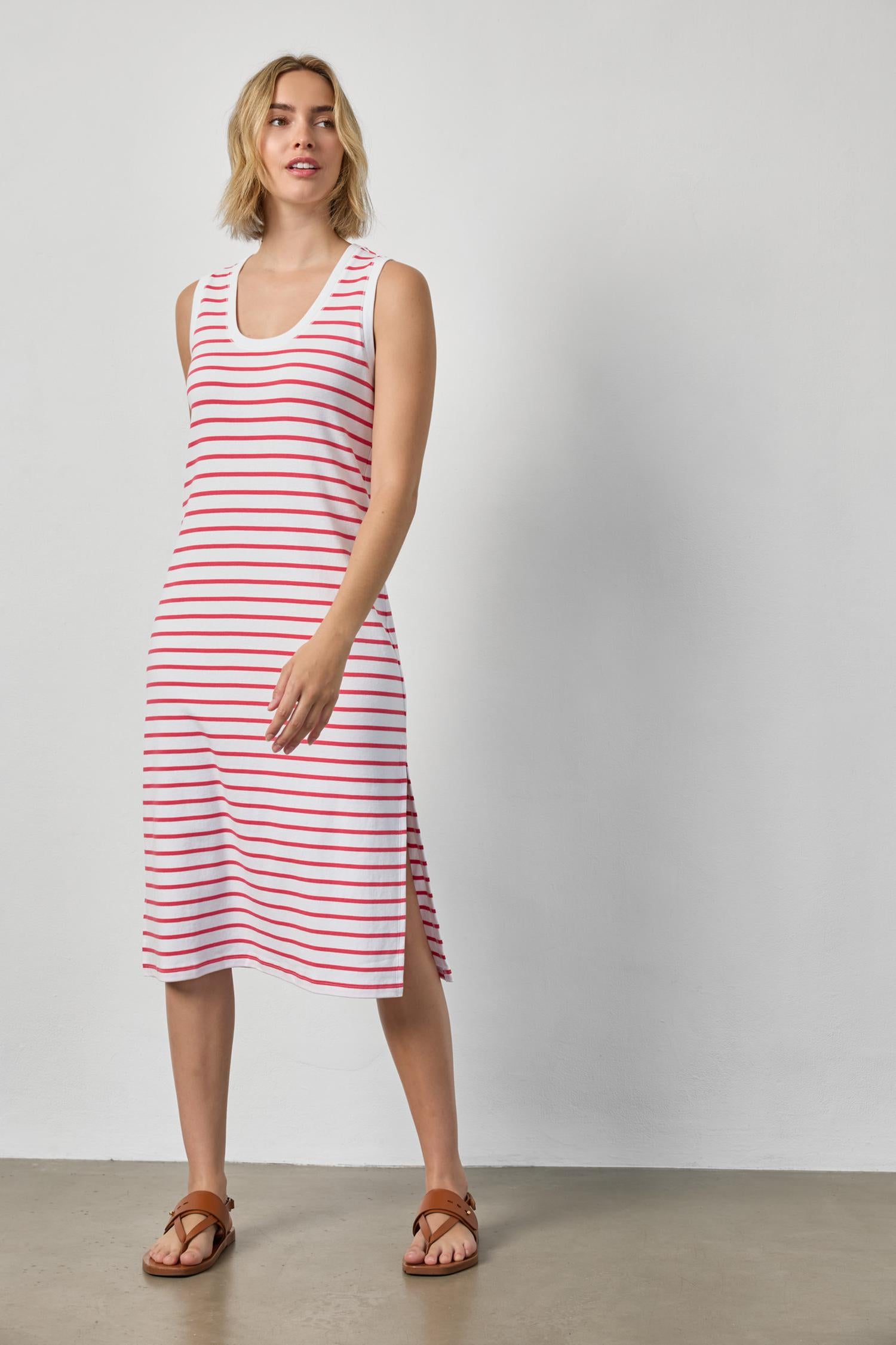 Rib Stripe Side Slit Tank Dress : Geranium Stripe