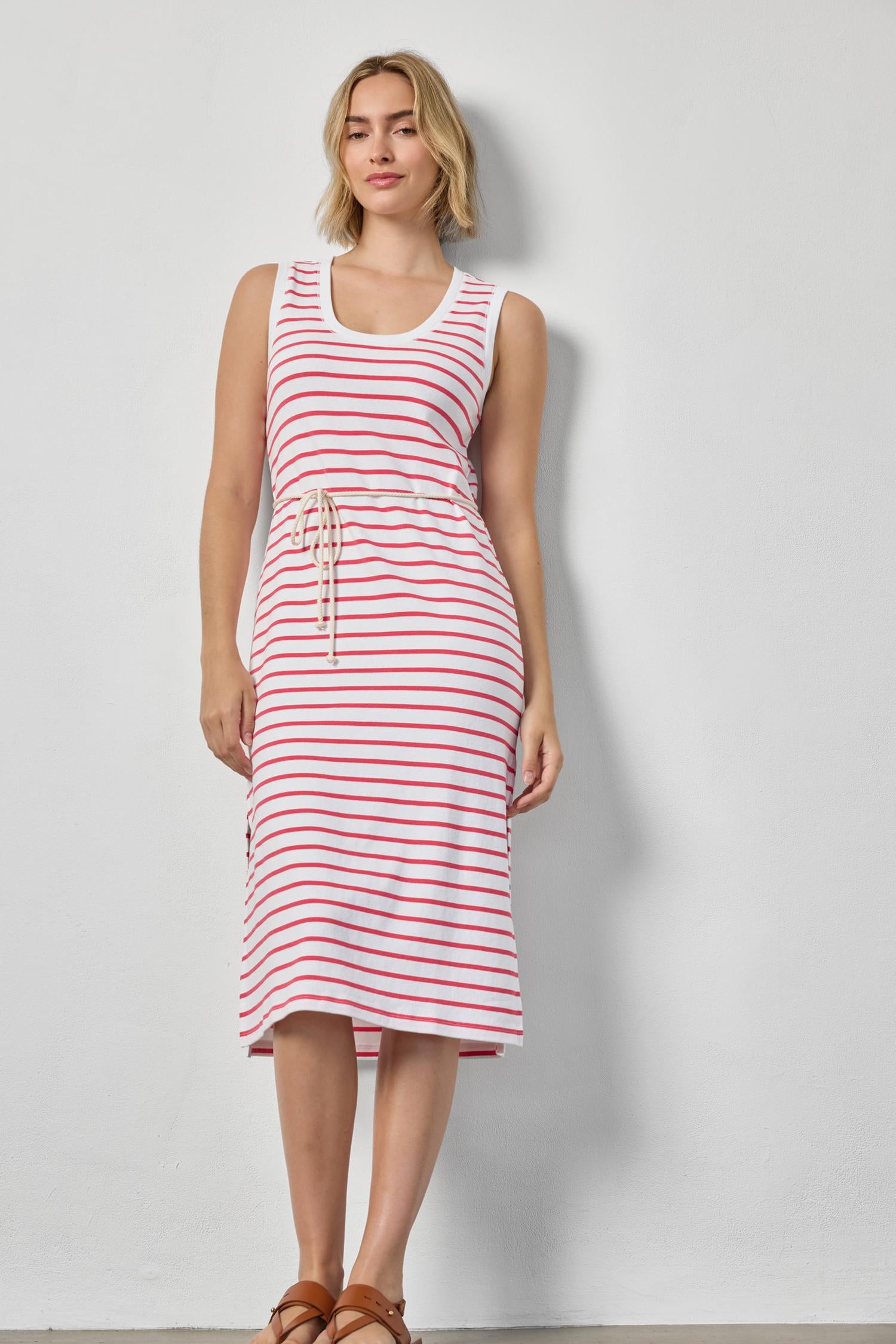 Rib Stripe Side Slit Tank Dress : Geranium Stripe