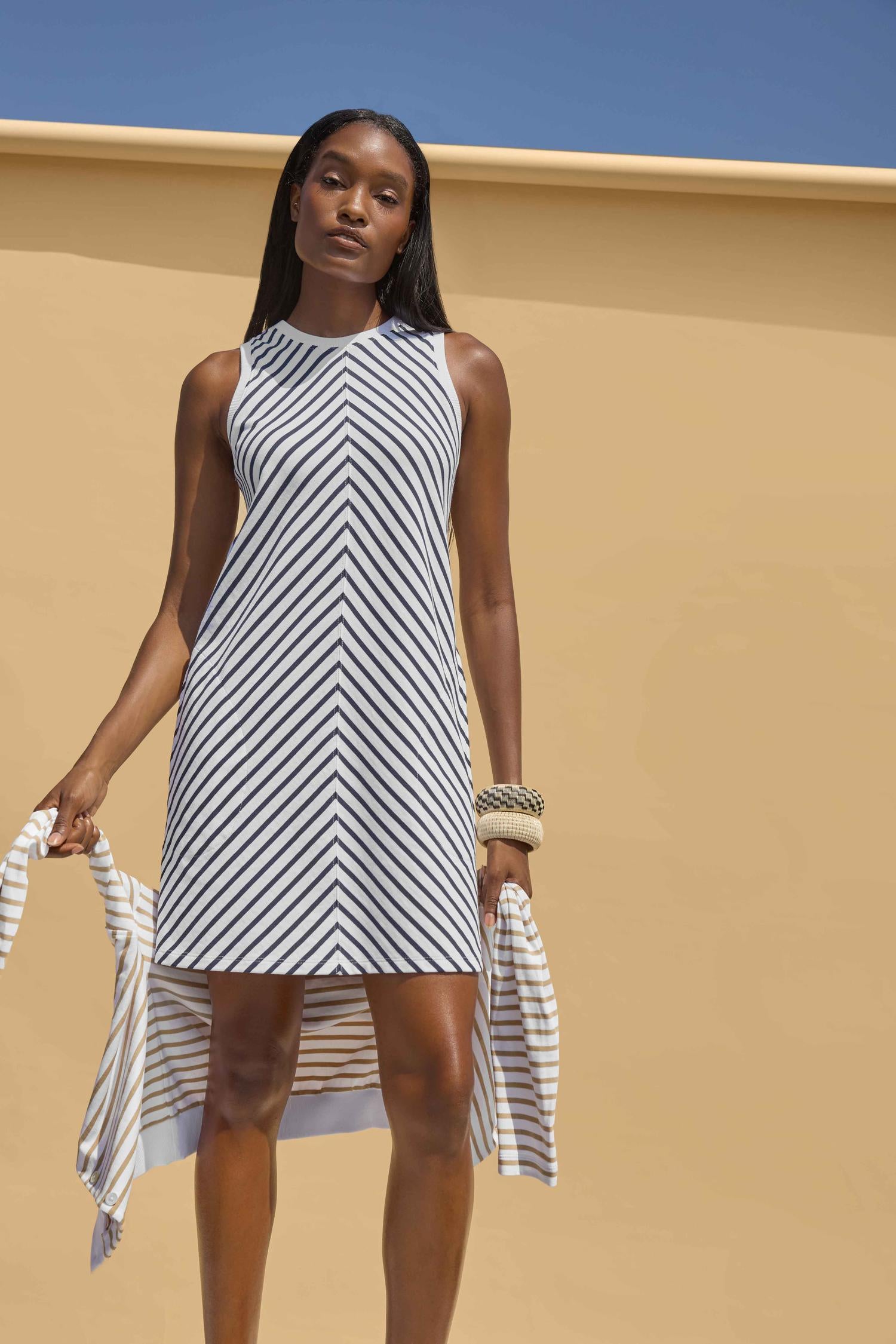 Center Seam Tank Dress in Navy Stripe