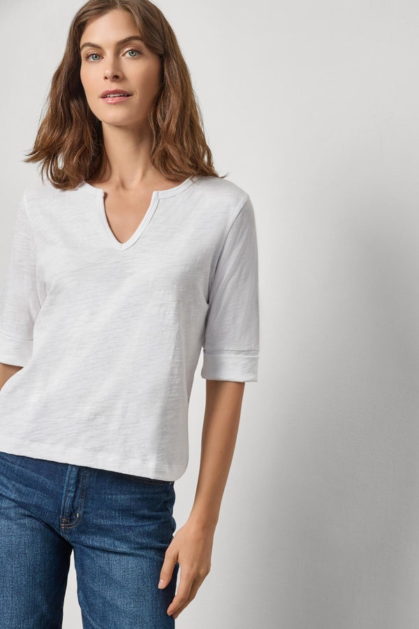 Rib Trim Elbow Split Neck - White